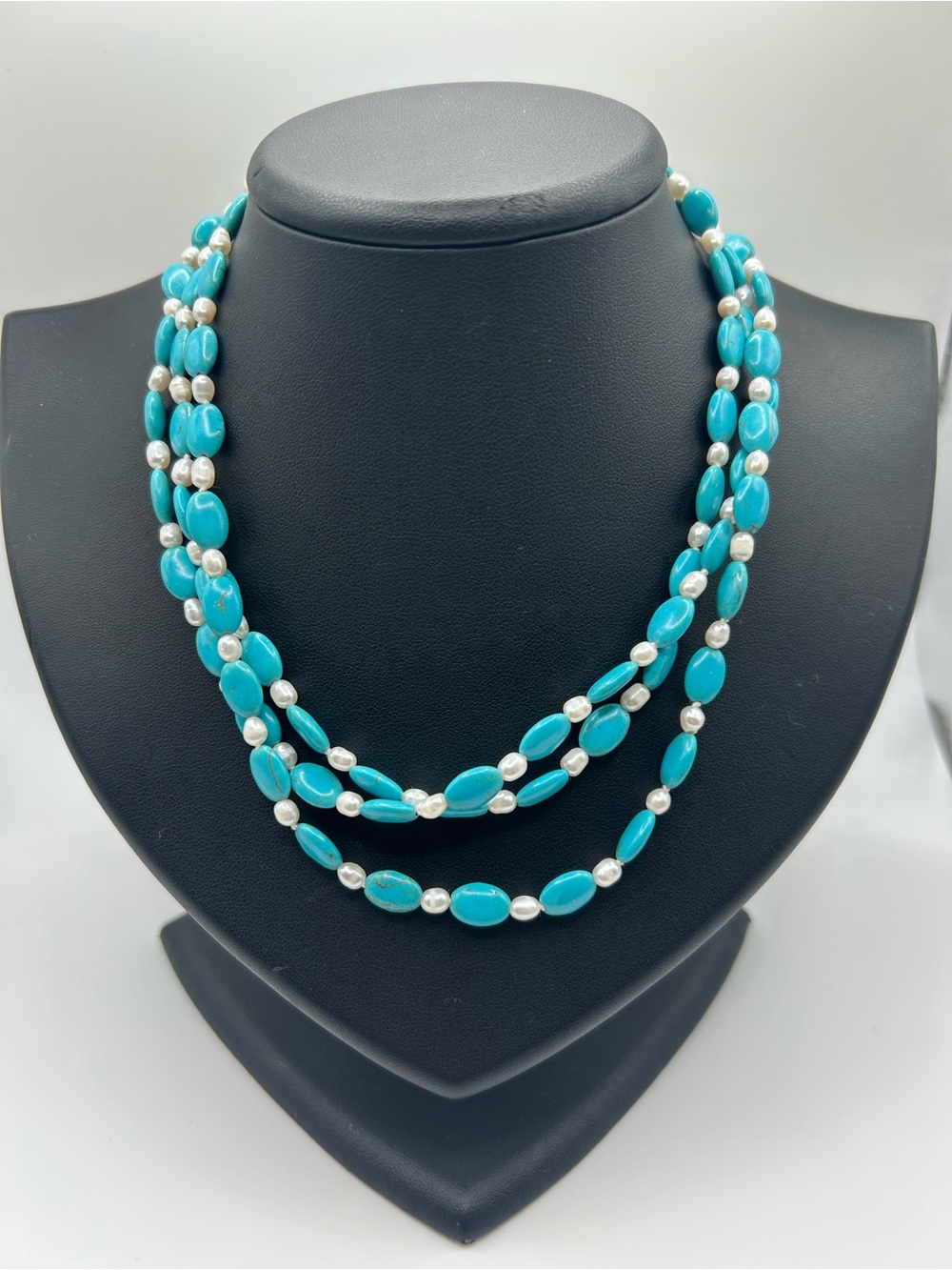 Handmade turquoise and fresh water pearl long necklace